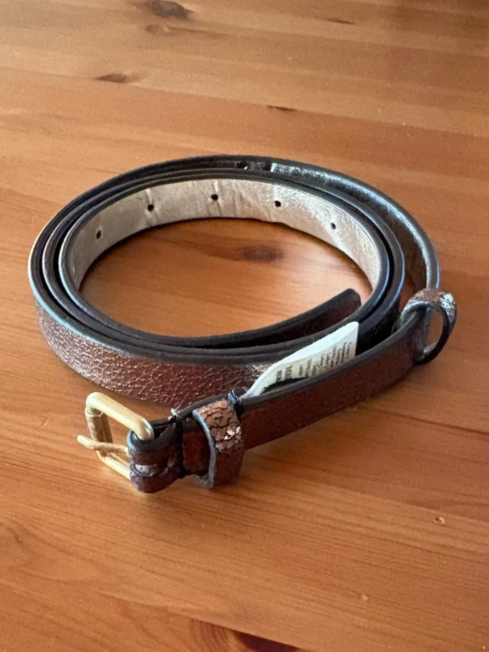 Boden Textured Bronze Leather Metallic Skinny Belt Size L Gold Square Buckle